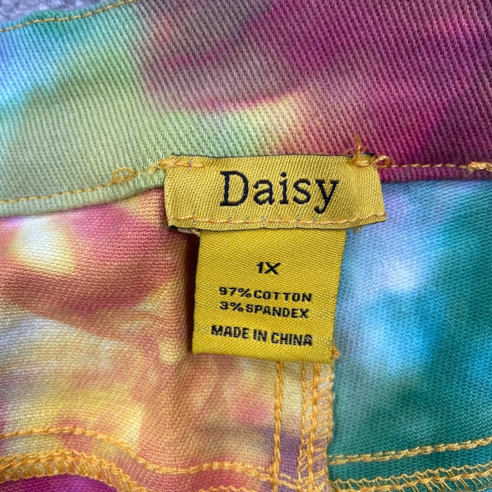 Daisy Tie Dye Fringe Straight Leg Ankle Jeans Mid Rise Plus Size 1X Multicolor - Picture 2 of 9